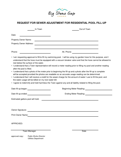 First page of the Request for Sewer Adjustment for Residential Pool Fill-Up