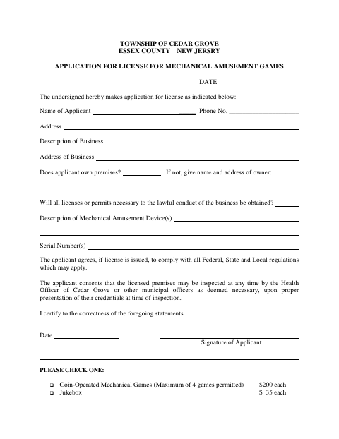 First page of the Application for License for Mechanical Amusement Games