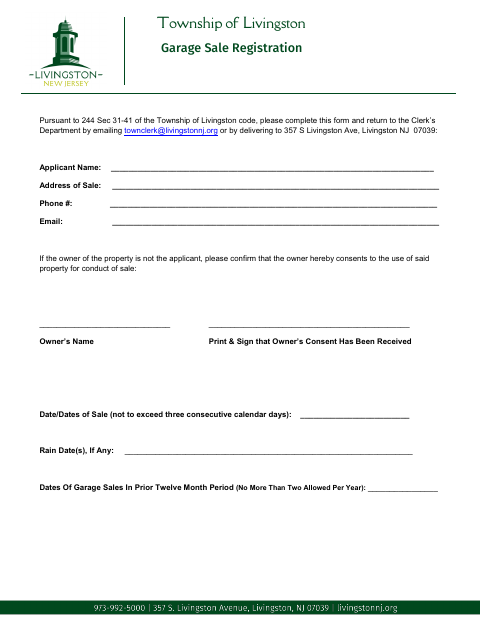 First page of the Garage Sale Registration
