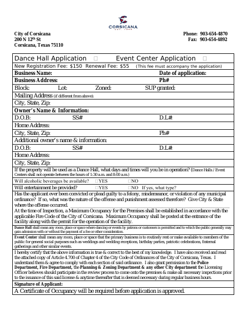 First page of the Dance Hall/Event Center Application