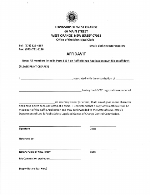 First page of the Raffle and Bingo Application Affidavit