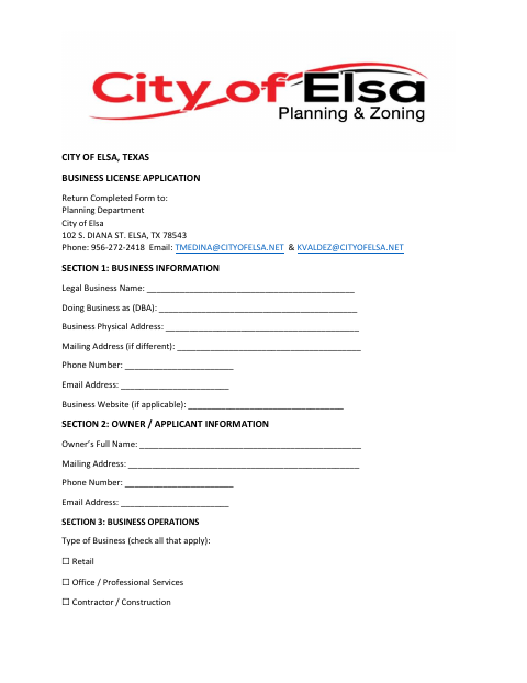 First page of the Business License Application