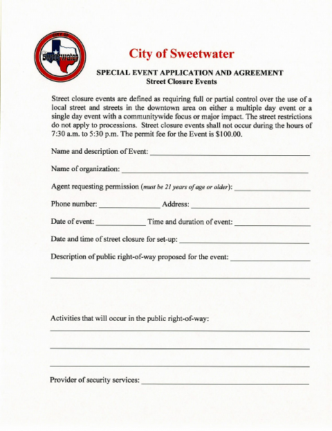 First page of the Street Closure Special Event Application and Agreement