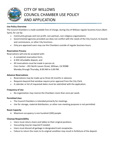 First page of the Council Chamber Use Policy and Application