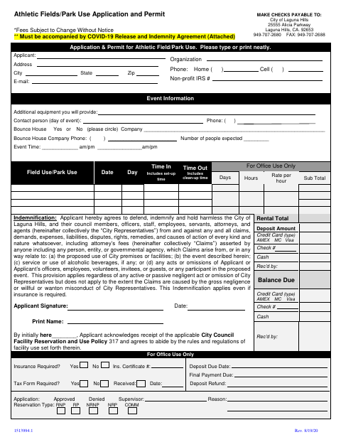 First page of the Athletic Field/Park Use Application and Permit