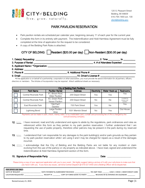 First page of the Park Pavilion Reservation