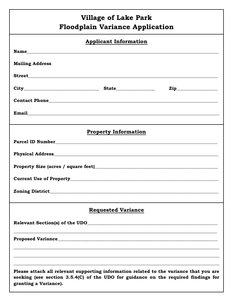 First page of the Floodplain Variance Application