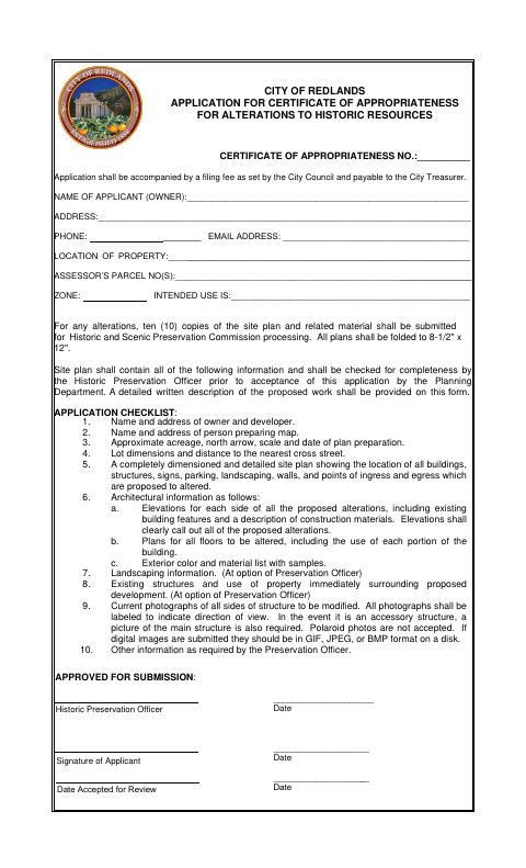 First page of the Application for Certificate of Appropriateness for Alterations to Historic Resources