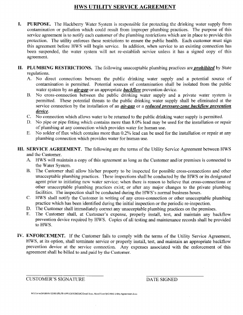 First page of the Hidden Cove Utility Service Agreement
