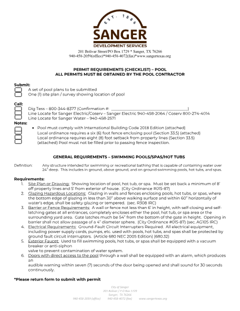 First page of the Swimming Pool Permit Application