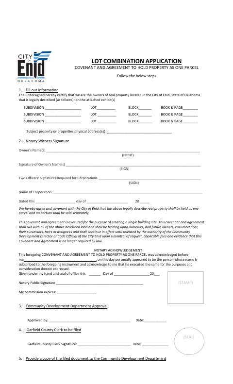 First page of the Lot Combination Application Covenant and Agreement