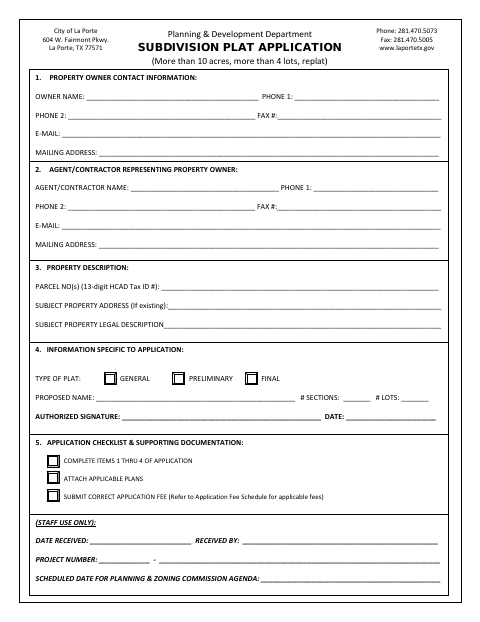 First page of the Subdivision Plat Application—More Than 10 Acres, More Than 4 Lots, Replat