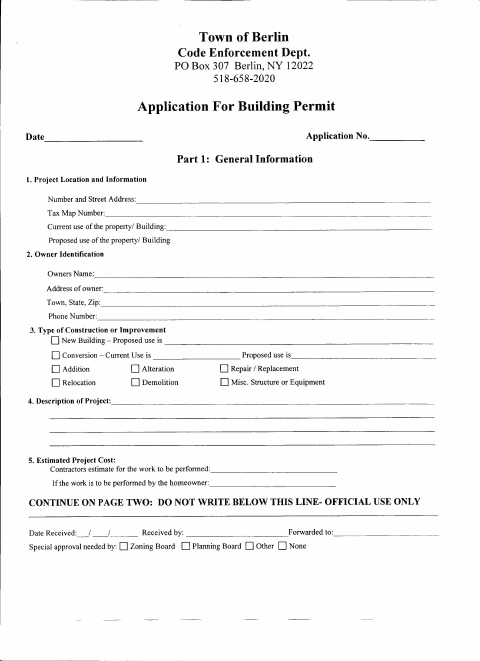 First page of the Application for Building Permit