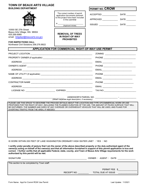 First page of the Application for Commercial Right-of-Way Use Permit
