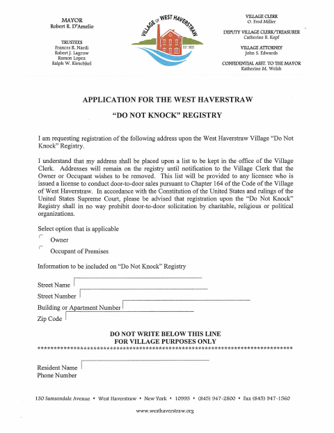 First page of the Do Not Knock Registry Application