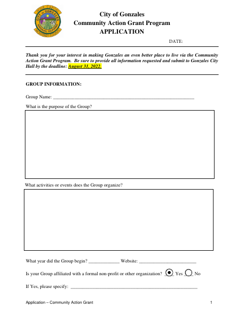 First page of the Community Action Grant Application