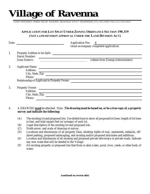First page of the Application for Lot Split Under Zoning Ordinance Section 190.319