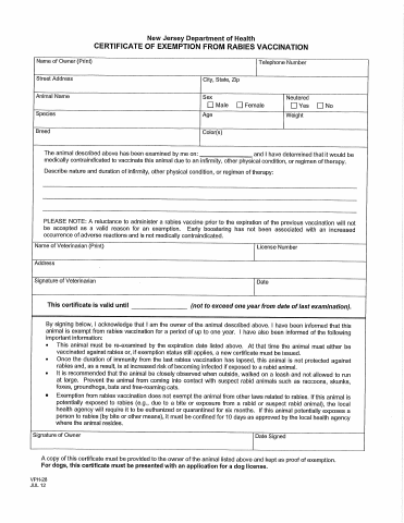 First page of the Certificate of Exemption From Rabies Vaccination