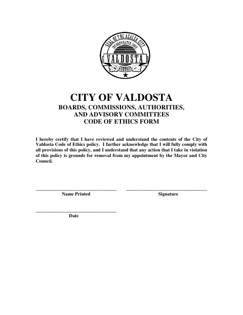 First page of the Code of Ethics Form