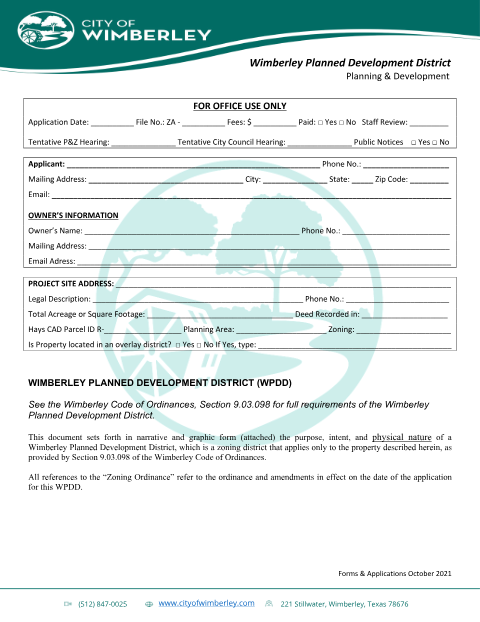 First page of the Wimberley Planned Development District Application