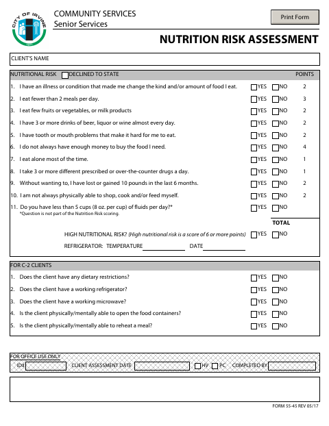 First page of the Nutrition Risk Assessment