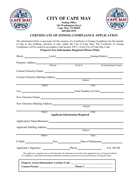 First page of the Certificate of Zoning Compliance Application