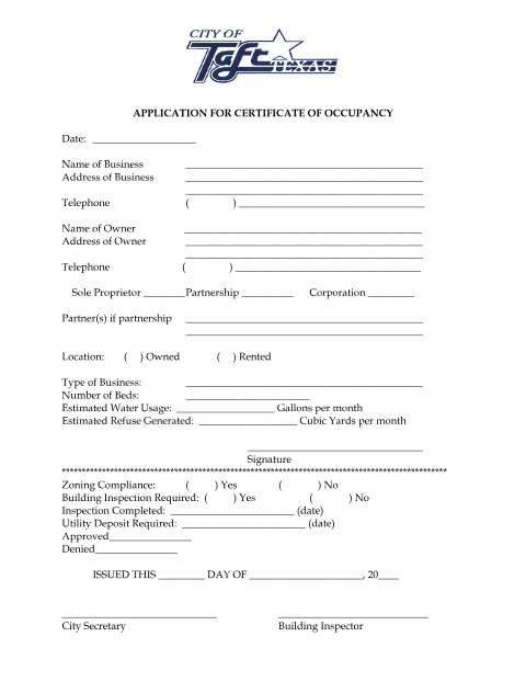 First page of the Application for Certificate of Occupancy