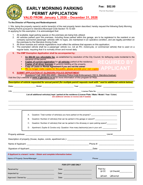 First page of the Early Morning Parking Permit Application