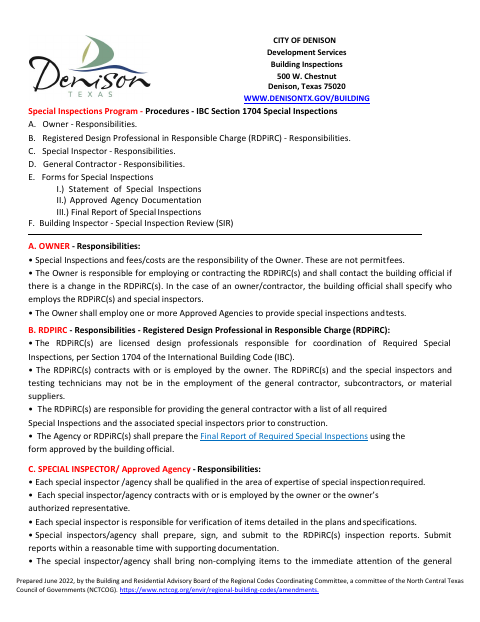 First page of the Special Inspections Program and Forms