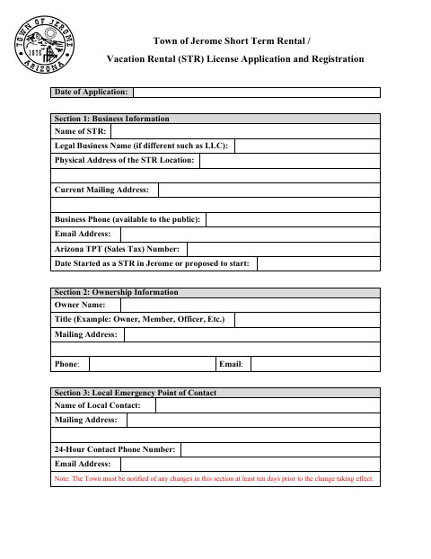 First page of the Short Term Rental / Vacation Rental License Application and Registration