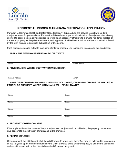 First page of the Residential Indoor Marijuana Cultivation Application