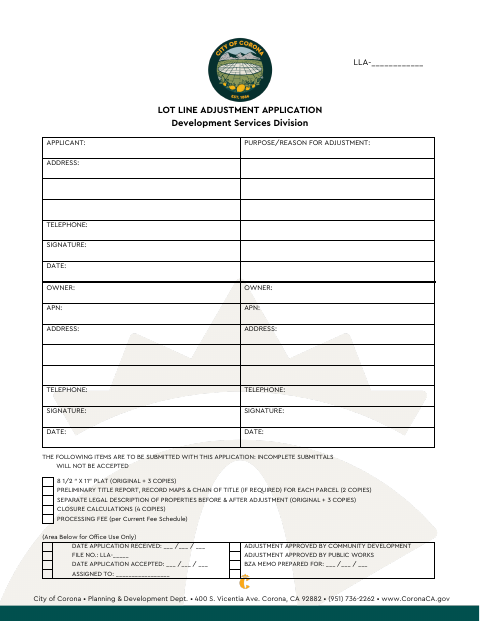 First page of the Lot Line Adjustment Application