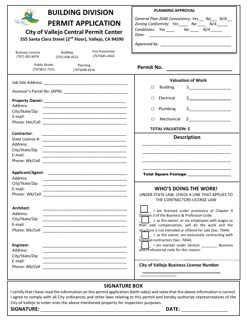 First page of the Building Permit Application