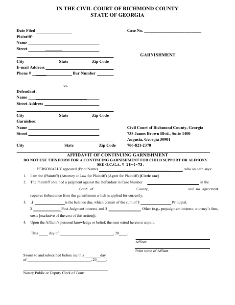 First page of the Civil Court Continuing Garnishment Affidavit