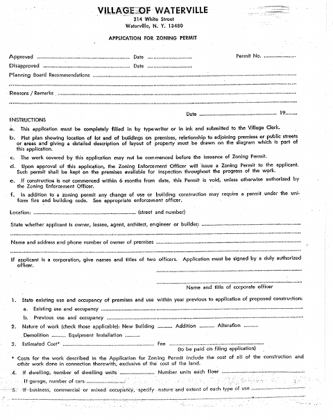 First page of the Application for Zoning Permit
