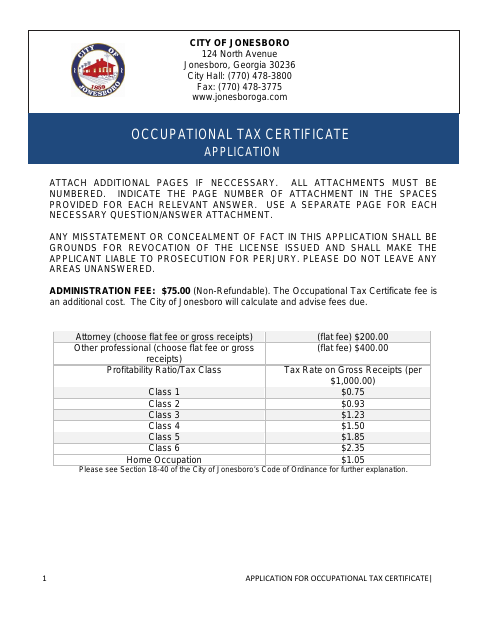 First page of the Occupational Tax Certificate Application