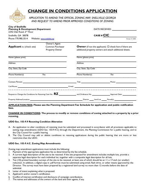 First page of the Change In Conditions Application