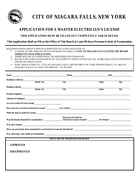 First page of the Application for a Master Electrician's License