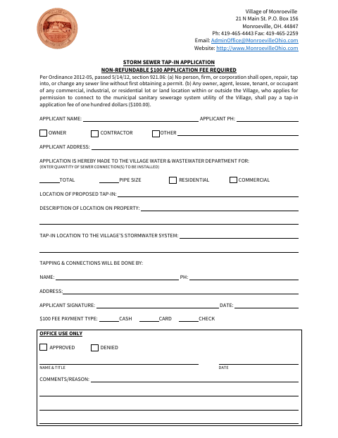 First page of the Storm Sewer Tap-In Application