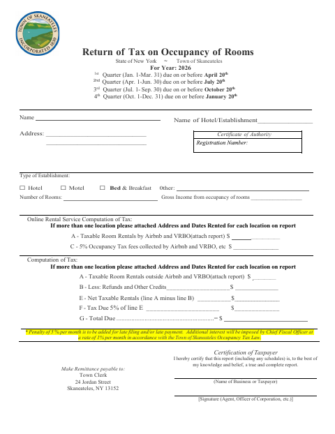 First page of the Occupancy Tax Reporting Form
