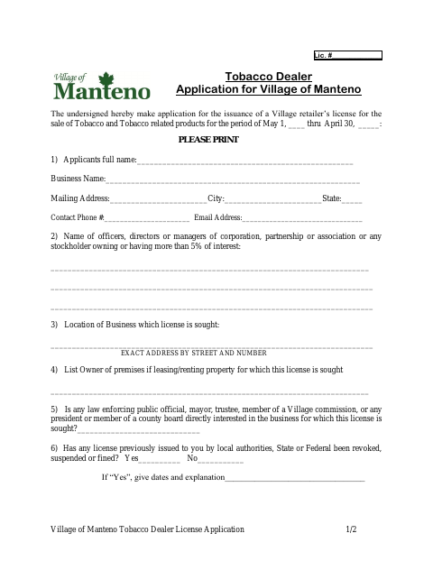 First page of the Tobacco Dealer License Application