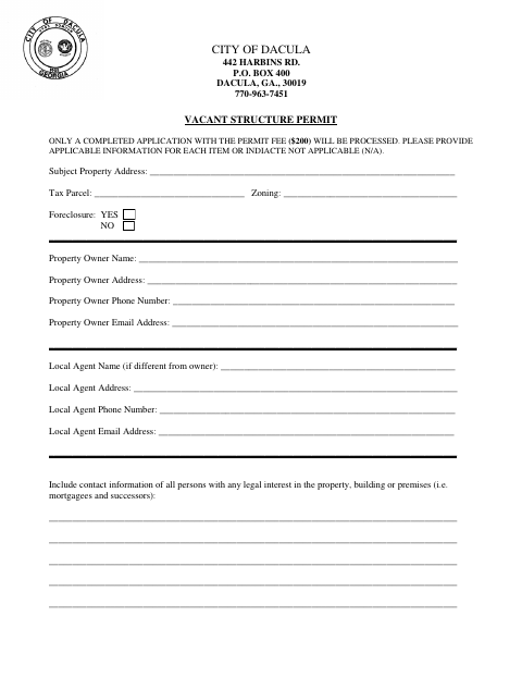 First page of the Vacant Structure Permit