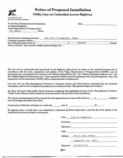 First page of the TxDOT Utility Permit