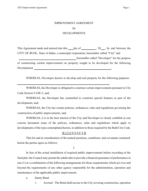 First page of the Improvement Agreement for Developments