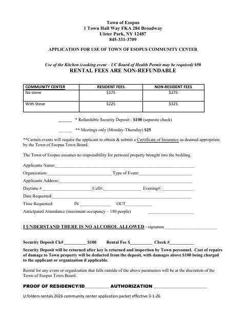 First page of the Application for Use of Community Center