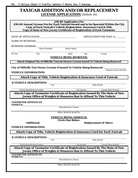 First page of the Taxicab Addition and/or Replacement License Application