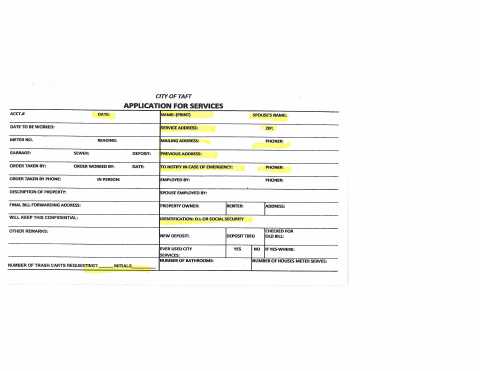 First page of the Application for Utility Service