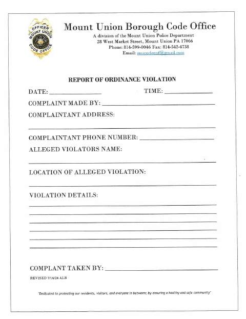 First page of the Ordinance Violation Complaint Form