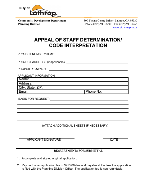 First page of the Appeal of Staff Determination/Code Interpretation
