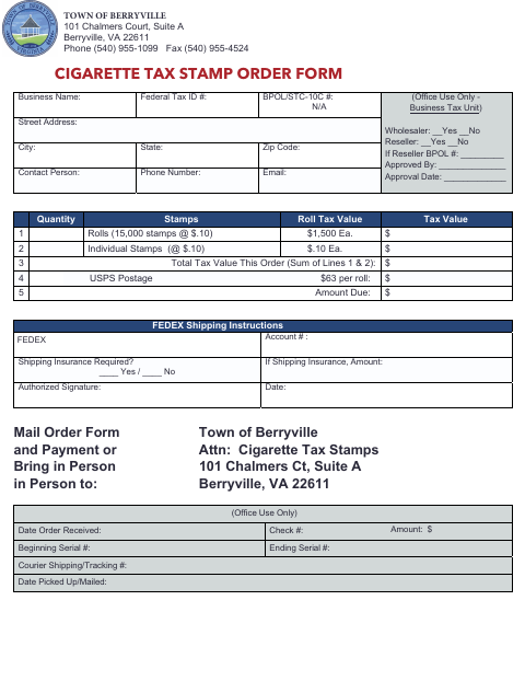First page of the Cigarette Tax Stamp Order Form